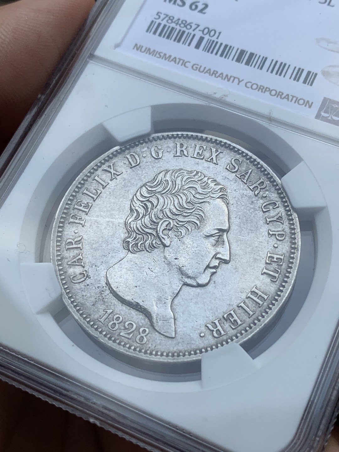 《竞宝斋》中天佳节（端午节特拍）6月12日-周日-第64场 NGC冠军分-MS62意大利撒丁王国1828年5里拉，都灵厂唯一最高分。同款64+折合人民币3.6万。性价比极高