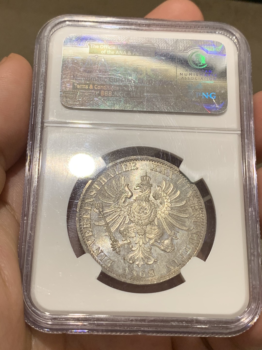 《竞宝斋》中天佳节（端午节特拍）6月12日-周日-第64场 NGC MS62 德国普鲁士 1868年 背鹰 1泰勒银币 PL感的质感 难得状态