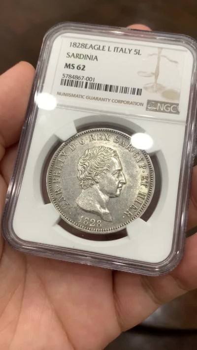 《竞宝斋》中天佳节（端午节特拍）6月12日-周日-第64场 NGC冠军分-MS62意大利撒丁王国1828年5里拉，都灵厂唯一最高分。同款64+折合人民币3.6万。性价比极高