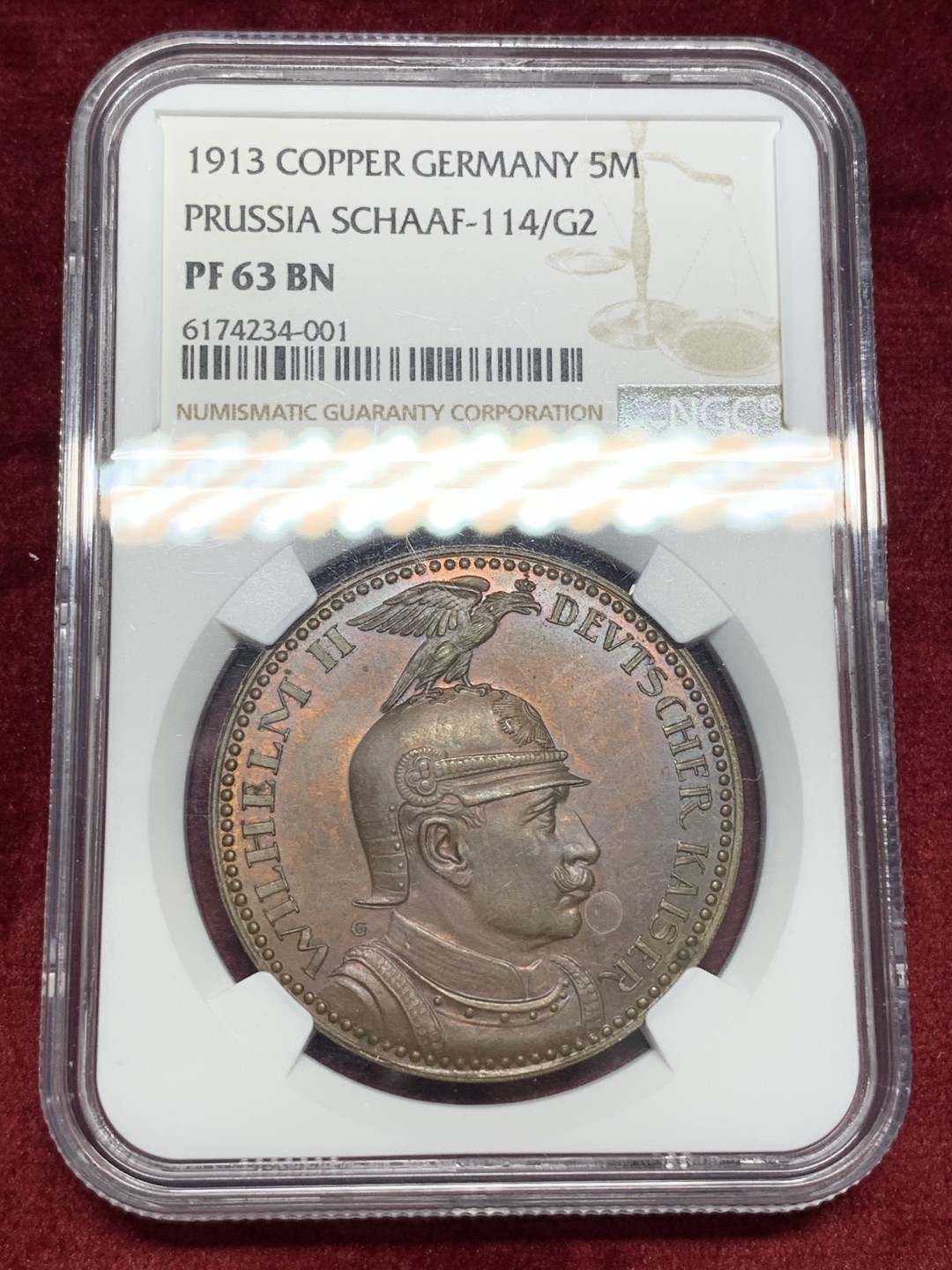 《竞宝斋》中天佳节（端午节特拍）6月12日-周日-第64场 NGC-PF63BN 德国普鲁士 1913年 威廉二世 5马克精制样币 卡尔哥茨作品 还保持有铜光