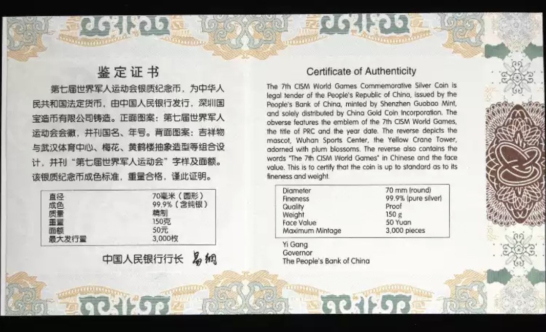 老精稀金银币专场「第9期」 2019年150克第七届世界军人运动会银币