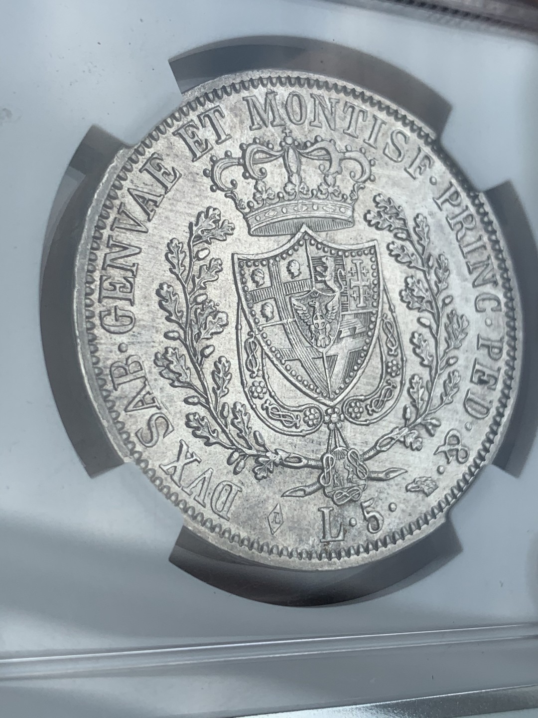 《竞宝斋》中天佳节（端午节特拍）6月12日-周日-第64场 NGC冠军分-MS62意大利撒丁王国1828年5里拉，都灵厂唯一最高分。同款64+折合人民币3.6万。性价比极高