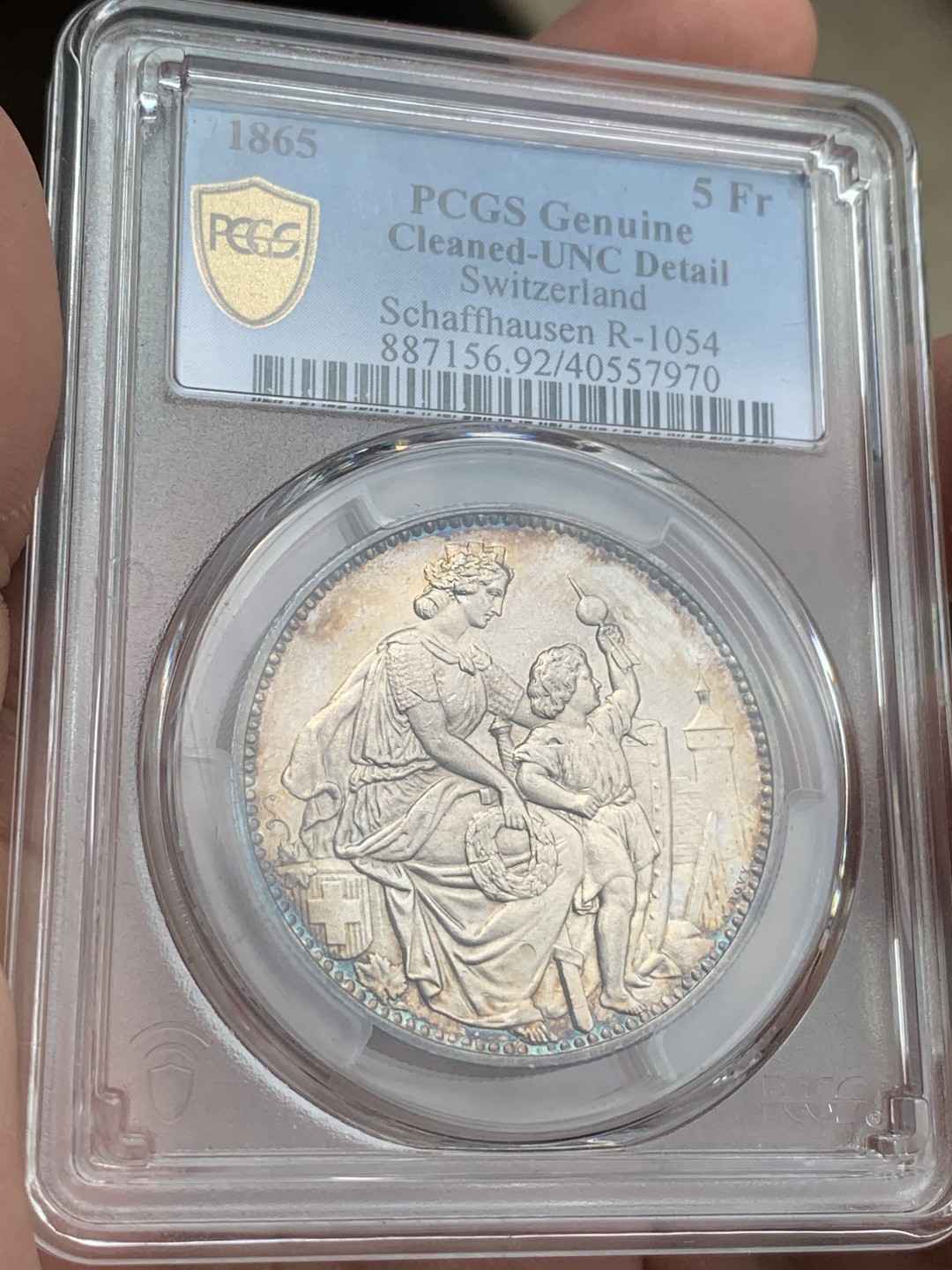 《竞宝斋》中天佳节（端午节特拍）6月12日-周日-第64场 PCGS UNC 瑞士1865年 沙夫豪森狩猎节大银币 彩的无以复加 太好看了，色迷心窍的感觉 见图见视频