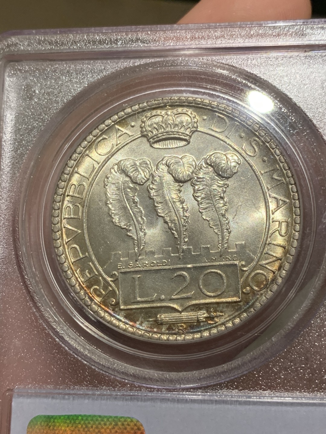 《竞宝斋》中天佳节（端午节特拍）6月12日-周日-第64场 PCGS亚军分 圣马力诺1935年 20里拉 银币 双面淡金包浆  视频美伦美幻  1万枚的发行量来说 会是新的收藏风口 值得