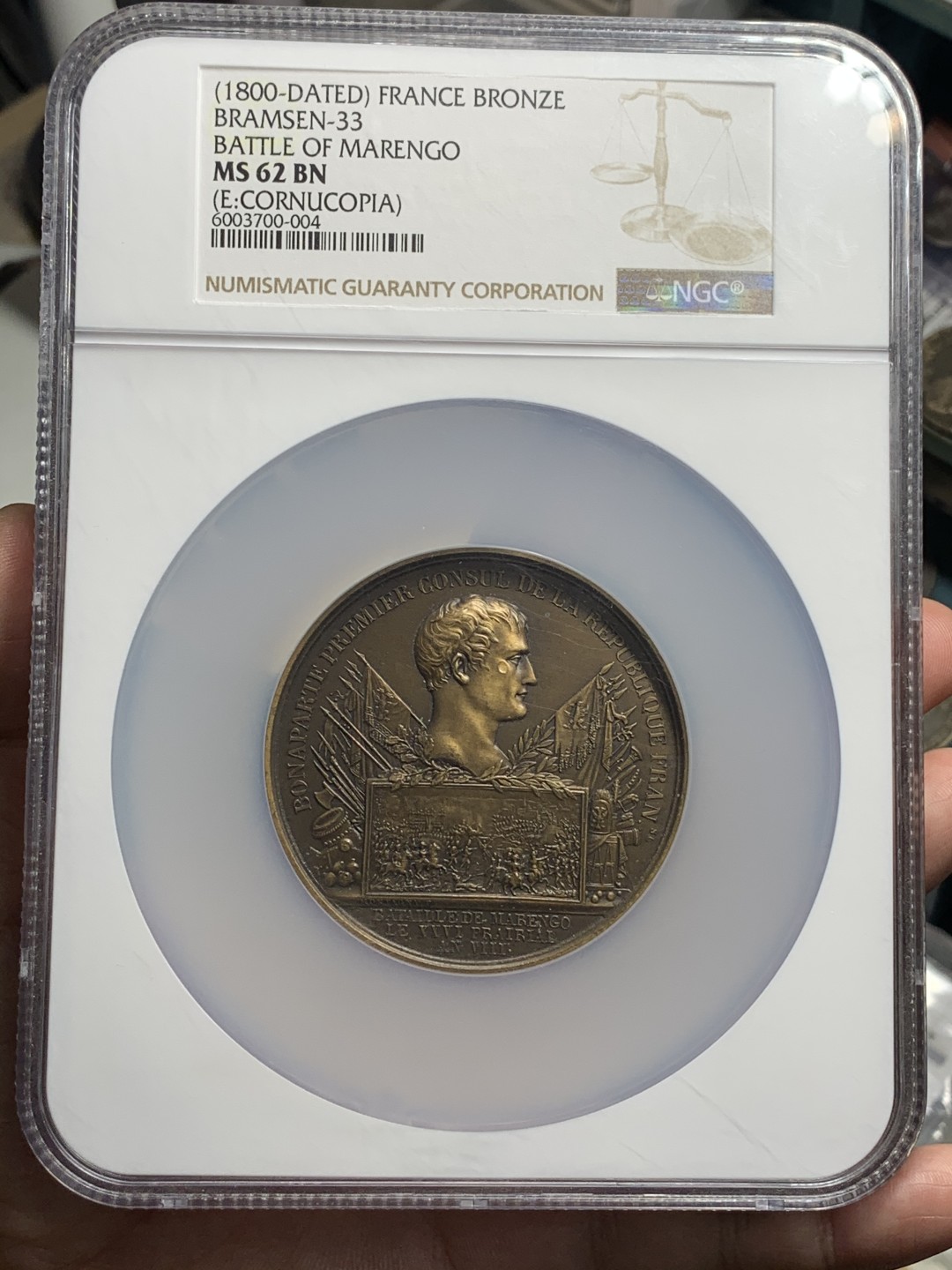 《竞宝斋》中天佳节（端午节特拍）6月12日-周日-第64场 NGC MS62 法国1800年拿破仑一世马伦哥战役纪念大铜章 N大盒封装 精美大气 经典品种