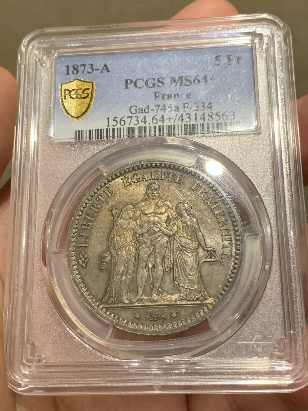 《竞宝斋》中天佳节（端午节特拍）6月12日-周日-第64场 PCGS MS64+ 法国 1873年大力神 5法郎 银币 双面老五彩包浆   收藏级品质 有光 有彩  比较合适