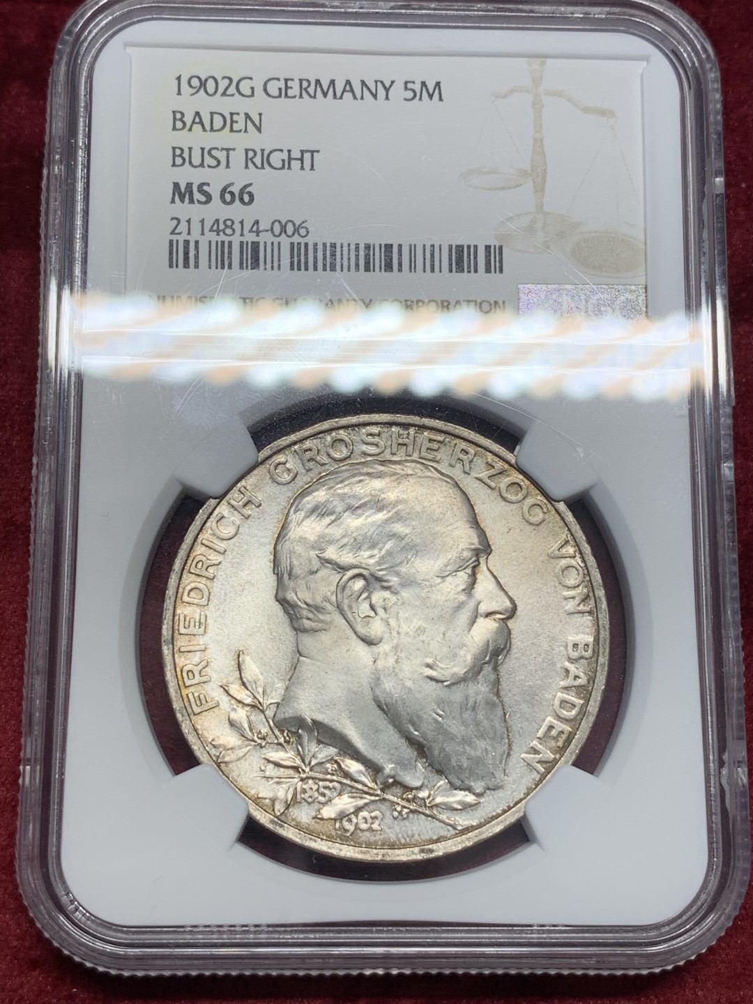 《竞宝斋》中天佳节（端午节特拍）6月12日-周日-第64场 NGC 冠军分 MS66 德国 1902年 巴登 弗里德里希一世 5马克大银币 银发苍苍 光泽凝霜完美  老评级号严评，投资 收藏两相宜