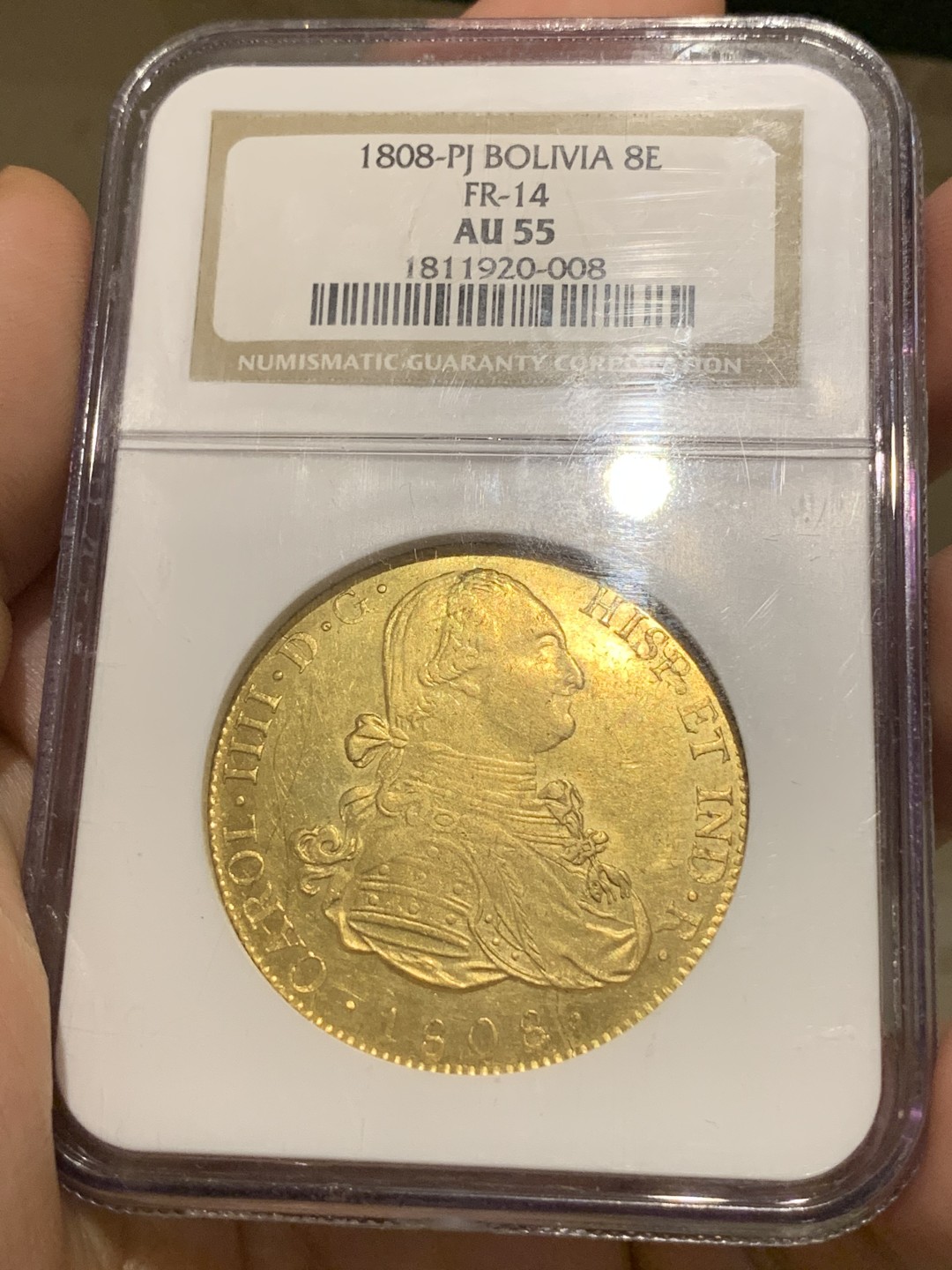 《竞宝斋》中天佳节（端午节特拍）6月12日-周日-第64场 NGC-AU55 玻利维亚 1808年卡洛斯四世 8埃斯库多 27克大金币 关门年份 玻利维亚少见 老盒子 背面状态惊人