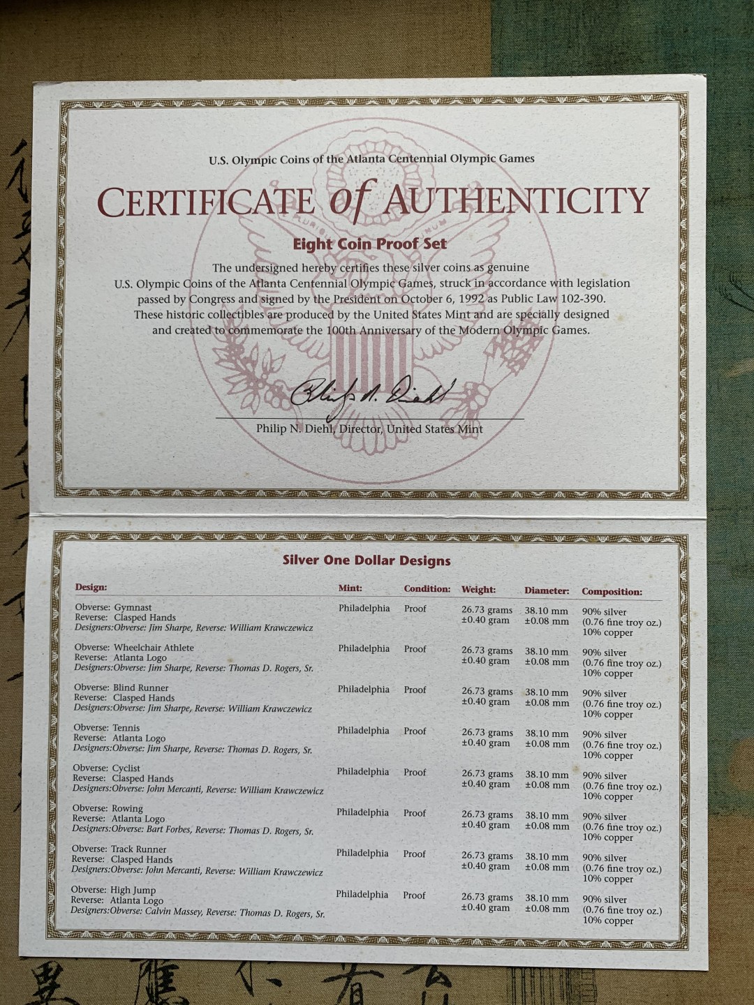 《竞宝斋》中天佳节（端午节特拍）6月12日-周日-第64场 美国 1996年 亚特兰大 奥运会 精制 1美元 银币 8枚套，原盒带证书 保存的非常好 非常少见的一套 单枚重量26.73克 900银