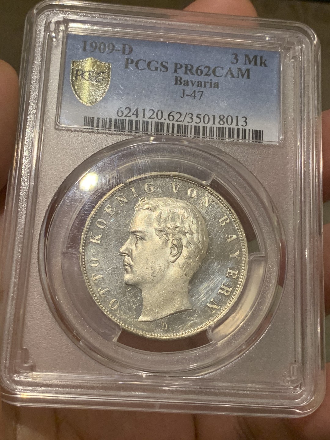 《竞宝斋》中天佳节（端午节特拍）6月12日-周日-第64场 PCGS PR62CAM 德国1909年巴伐利亚奥托精制3马克银币 远超62分的状态 凝霜如镜