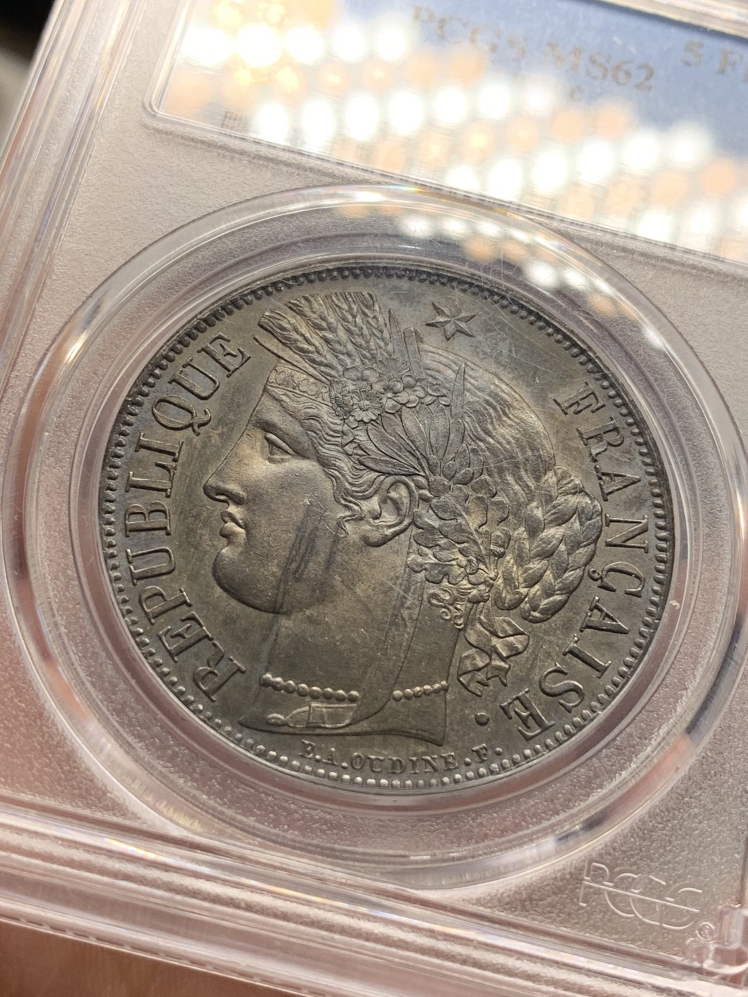 《竞宝斋》中天佳节（端午节特拍）6月12日-周日-第64场 PCGS-MS62 法国 1850-A年 谷物女神 5法郎 大银币 经典的黑彩 这样的包浆现在都很难给分了 