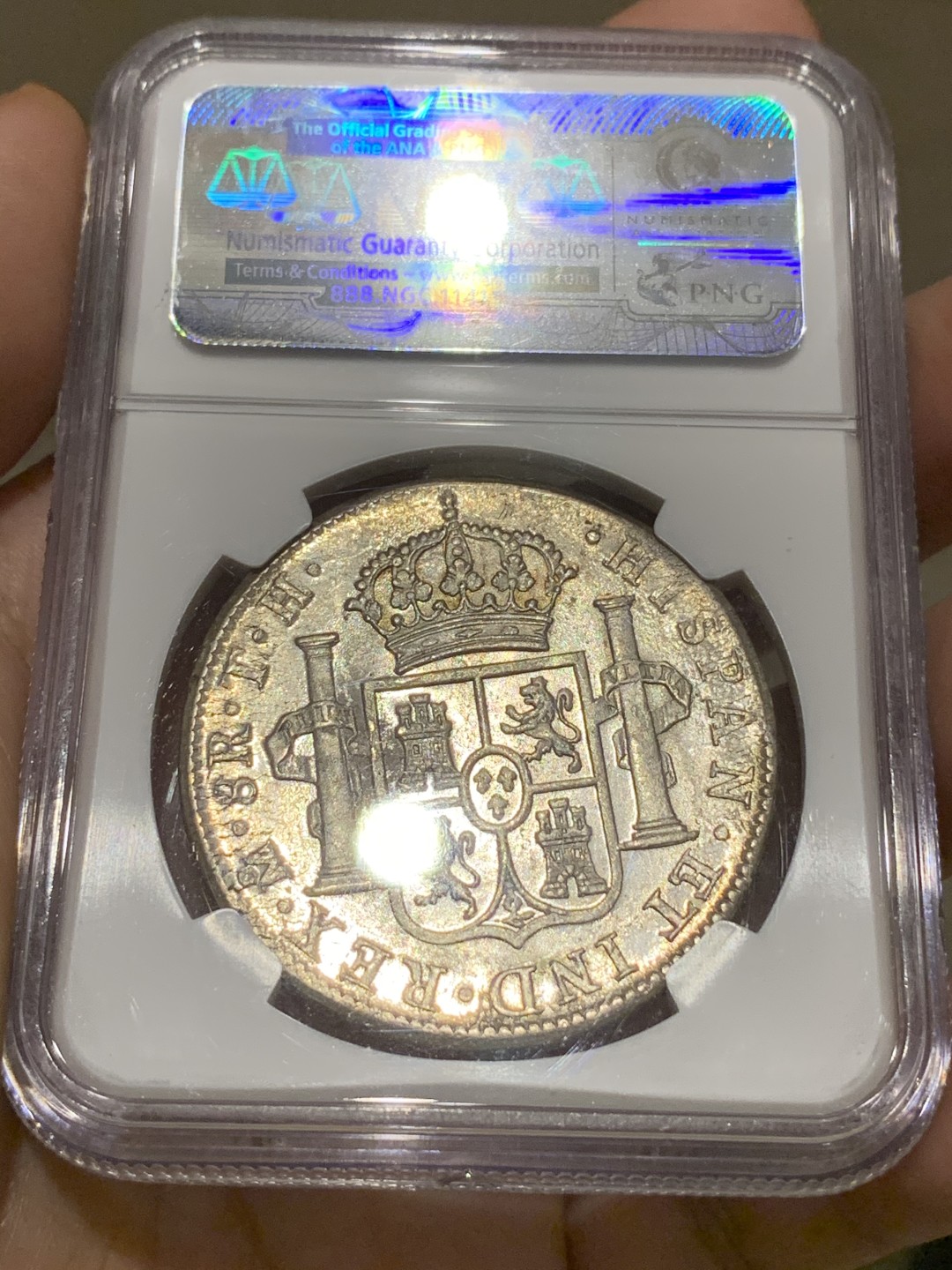 《竞宝斋》中天佳节（端午节特拍）6月12日-周日-第64场 NGC MS62 墨西哥 1805年 卡四双柱 8瑞斯 Narrow Date 镜面底板 双面全深打