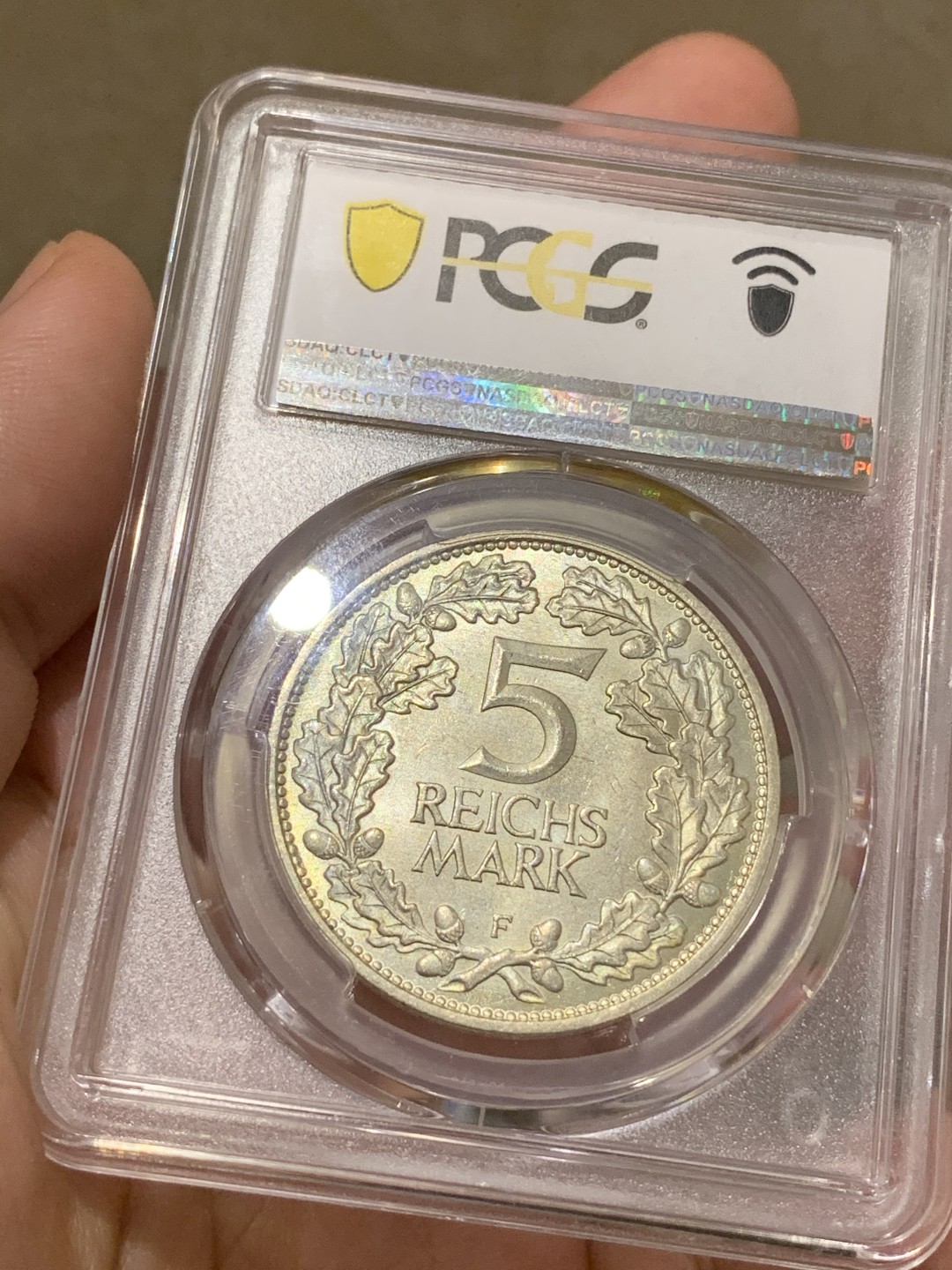 《竞宝斋》中天佳节（端午节特拍）6月12日-周日-第64场 PCGS MS64 德国 1925年魏玛共和国 莱茵千年  5马克 银币 厂标F 斯图加特造币厂  黄油包浆 车轮原霜光大银 实物状态极佳