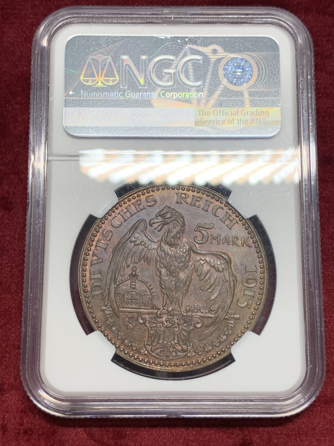 《竞宝斋》中天佳节（端午节特拍）6月12日-周日-第64场 NGC-PF63BN 德国普鲁士 1913年 威廉二世 5马克精制样币 卡尔哥茨作品 还保持有铜光