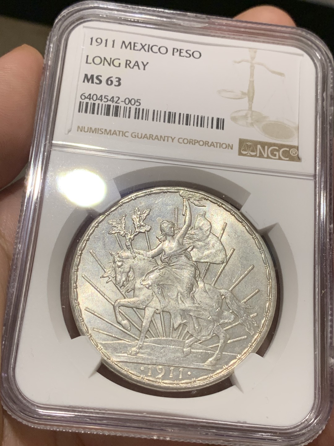 《竞宝斋》中天佳节（端午节特拍）6月12日-周日-第64场 NGC-MS63 墨西哥 1911年 长射线版 骑马鹰洋 1比索 大银币 顶级的原光好品 终身收藏