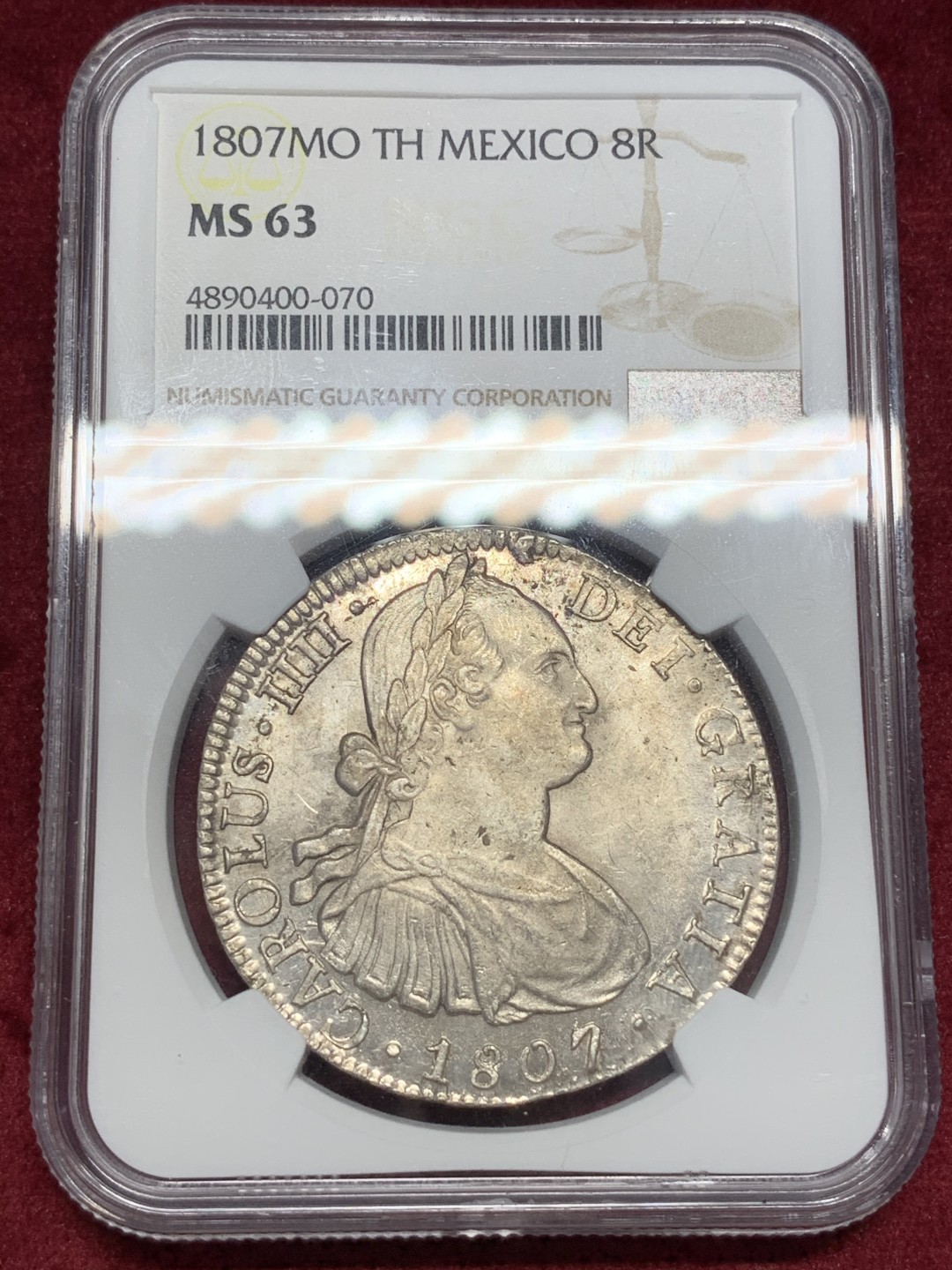 《竞宝斋》中天佳节（端午节特拍）6月12日-周日-第64场 NGC MS63 难得高分 墨西哥1807年卡四  双柱 大银币 深打 镜面底板 状态不一般 之前有枚竞宝斋1.2W成交 潜力品种