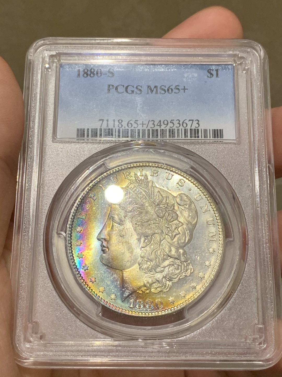 《竞宝斋》中天佳节（端午节特拍）6月12日-周日-第64场 PCGS MS65+ 美国摩根1880年 高分月牙彩 色谱完整难得一见 集光色于一身