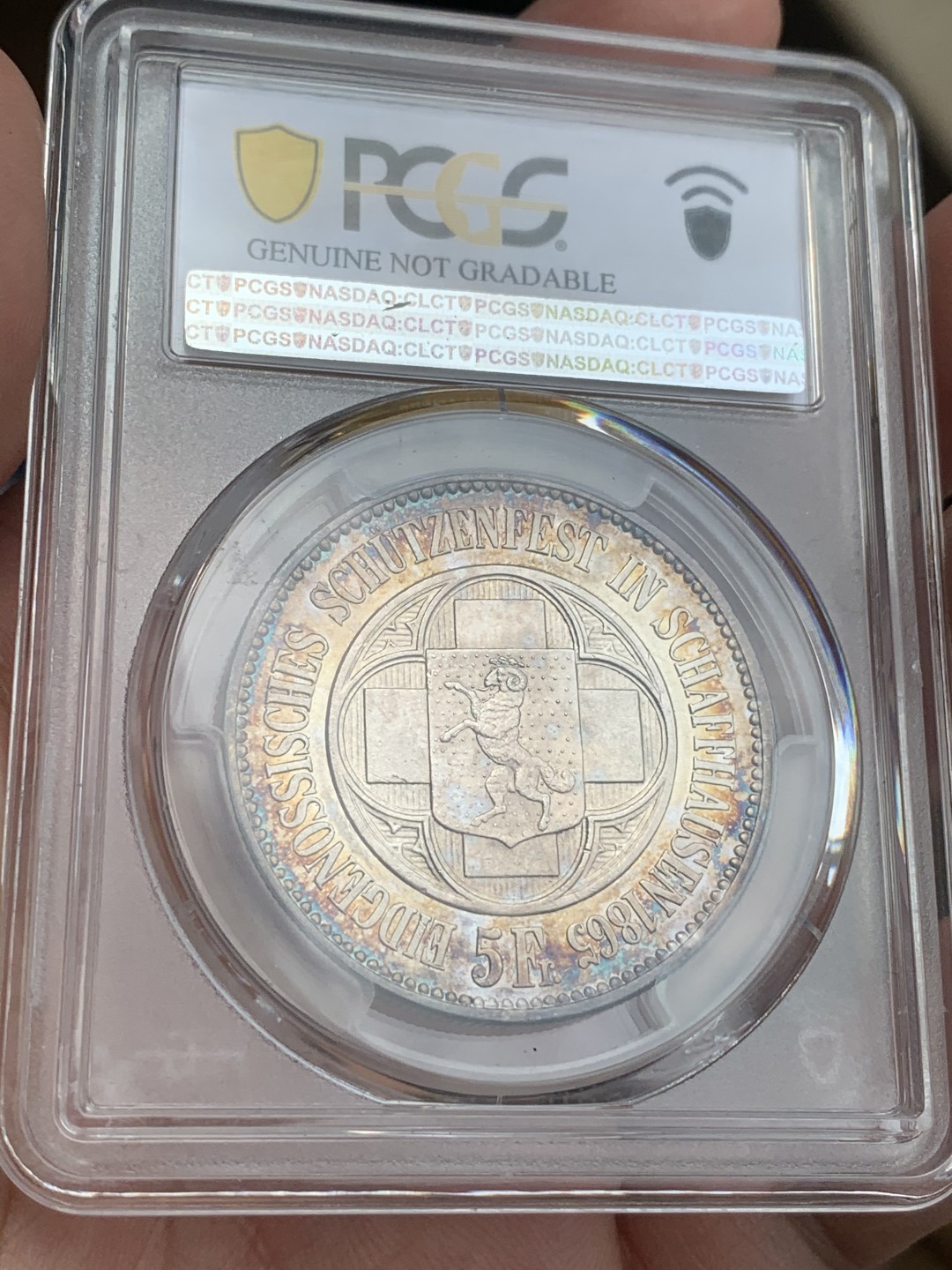 《竞宝斋》中天佳节（端午节特拍）6月12日-周日-第64场 PCGS UNC 瑞士1865年 沙夫豪森狩猎节大银币 彩的无以复加 太好看了，色迷心窍的感觉 见图见视频