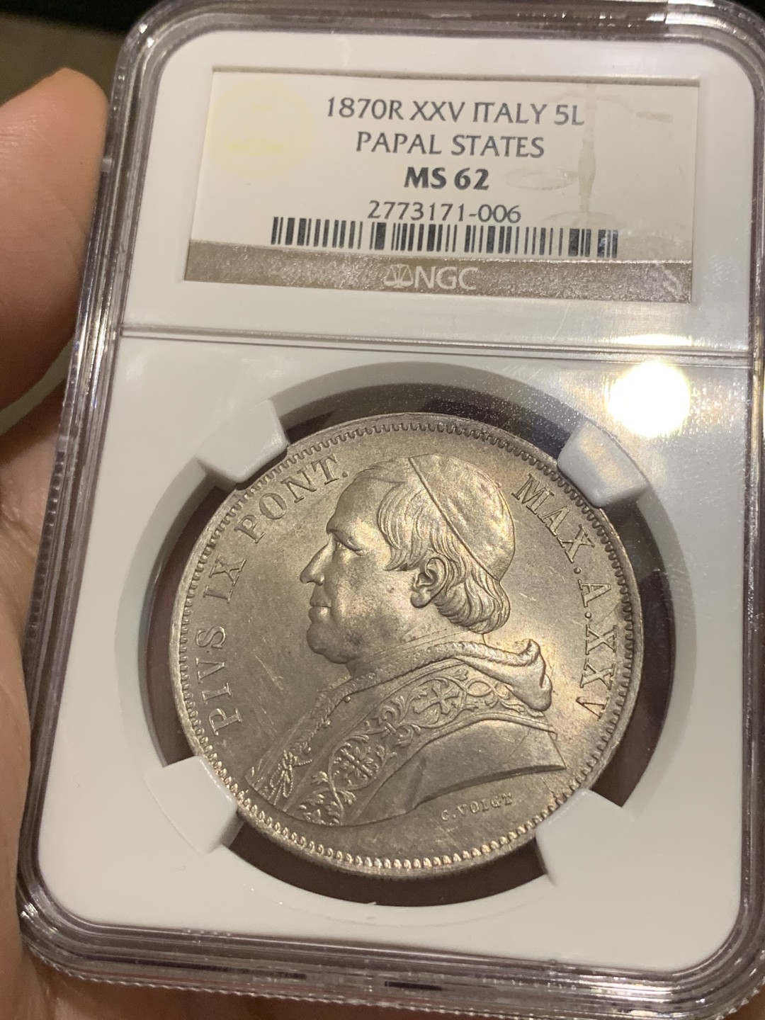 《竞宝斋》中天佳节（端午节特拍）6月12日-周日-第64场 NGC-MS62 梵蒂冈 1870年 教皇 5里拉 大银币 丝滑的底板 老盒子严评