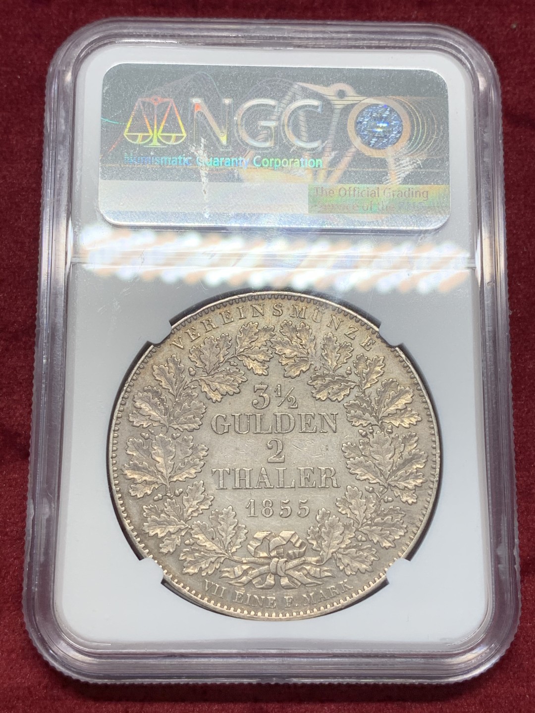 《竞宝斋》中天佳节（端午节特拍）6月12日-周日-第64场 NGC AU 德国 1855年 符腾堡 2泰勒 37克的大银币 细节非常不错，背面淡金色包浆 人物状态也不错