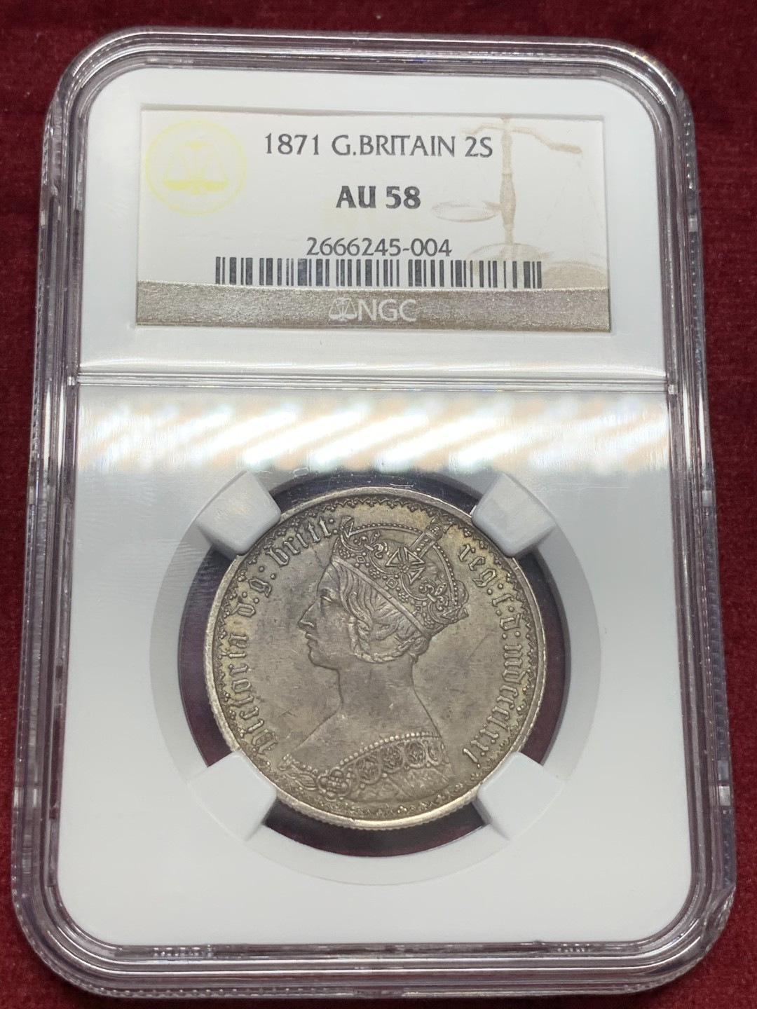 《竞宝斋》中天佳节（端午节特拍）6月12日-周日-第64场 NGC AU58 英国 1871年 维多利亚 哥特体弗洛林银币 包浆彩以及光度都很不错