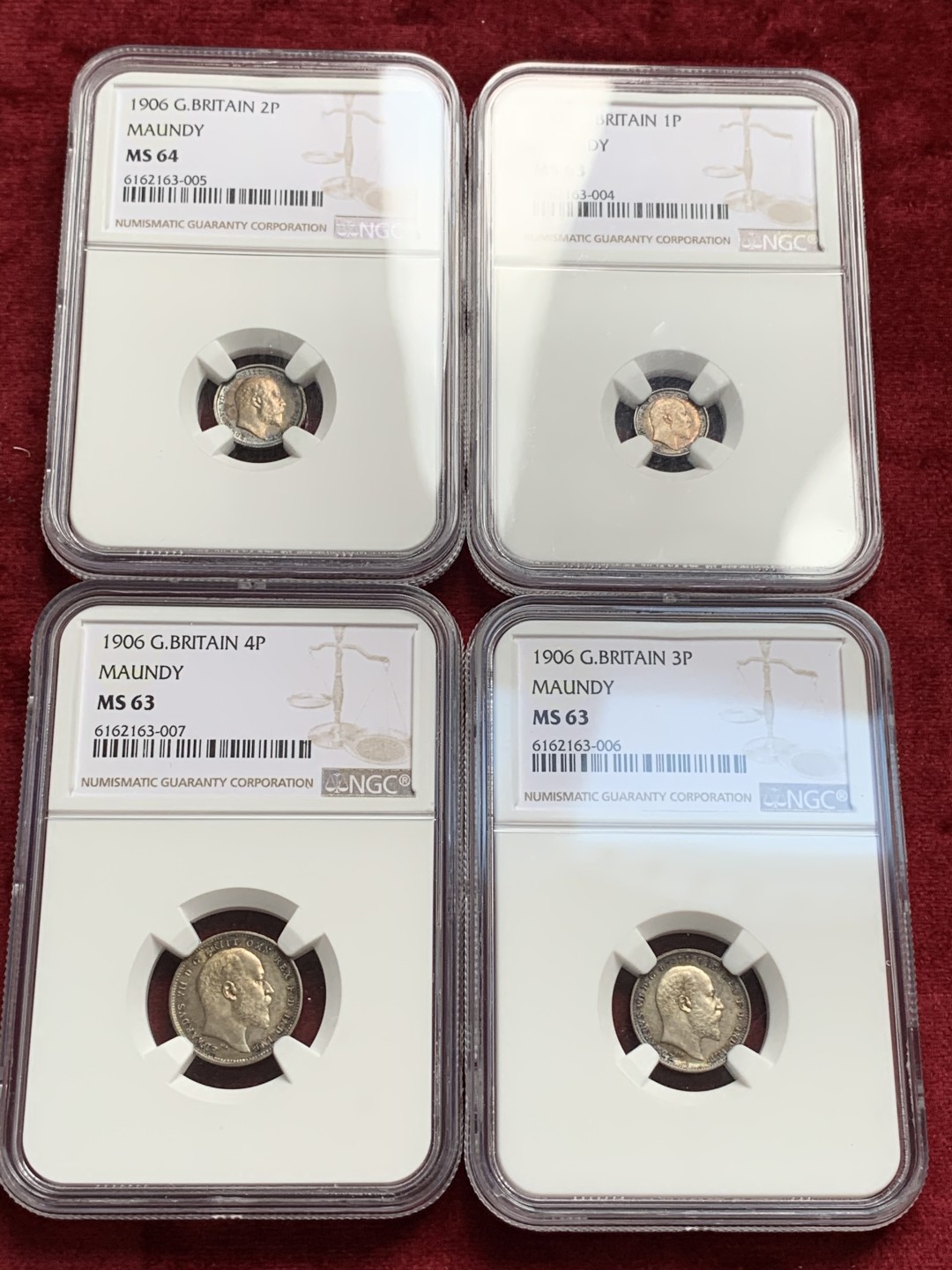 《竞宝斋》中天佳节（端午节特拍）6月12日-周日-第64场 NGC MS63-64 英国 1906年 爱七 灌足节 银币一套4枚，黑五彩包浆 整齐划一 状态均匀 不多见的年份 PL感十足 值得收藏