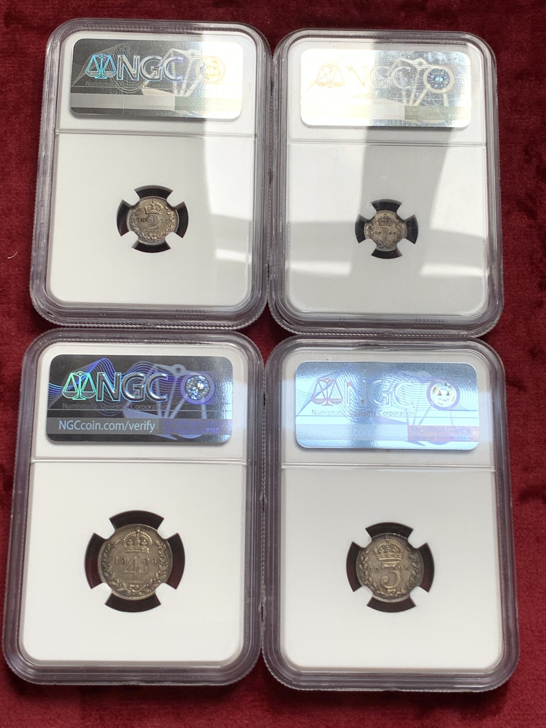 《竞宝斋》中天佳节（端午节特拍）6月12日-周日-第64场 NGC MS63-64 英国 1906年 爱七 灌足节 银币一套4枚，黑五彩包浆 整齐划一 状态均匀 不多见的年份 PL感十足 值得收藏