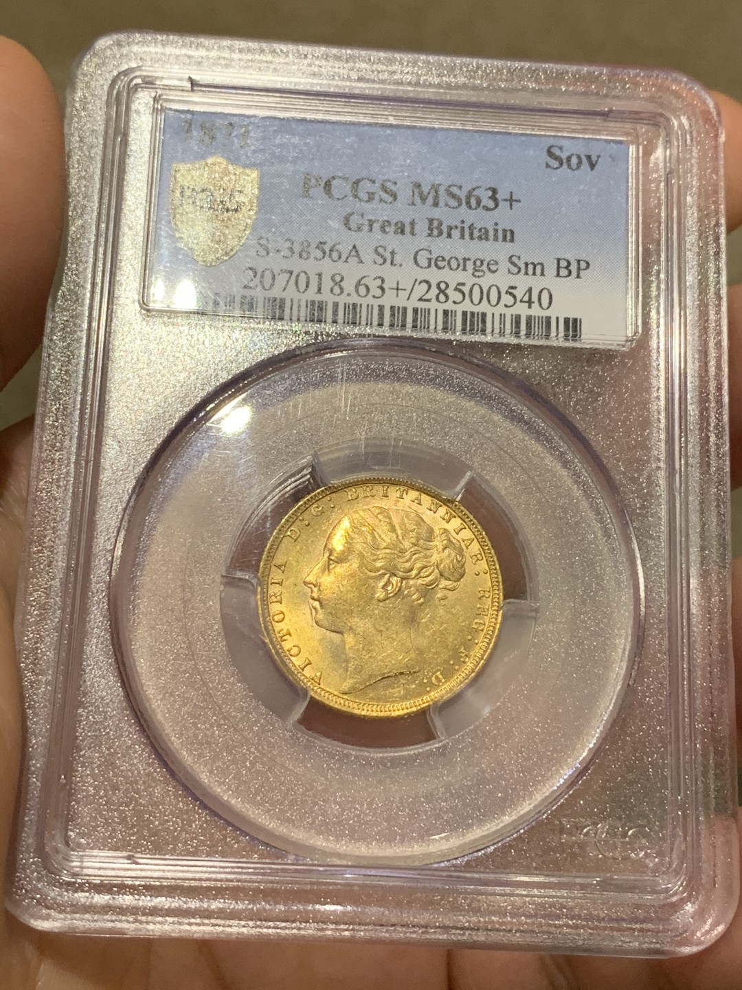 《竞宝斋》中天佳节（端午节特拍）6月12日-周日-第64场 PCGS MS63+ 英国 1871年 维多利亚 年轻头像 1索维林 马剑金币 难得状态 英国本土版本