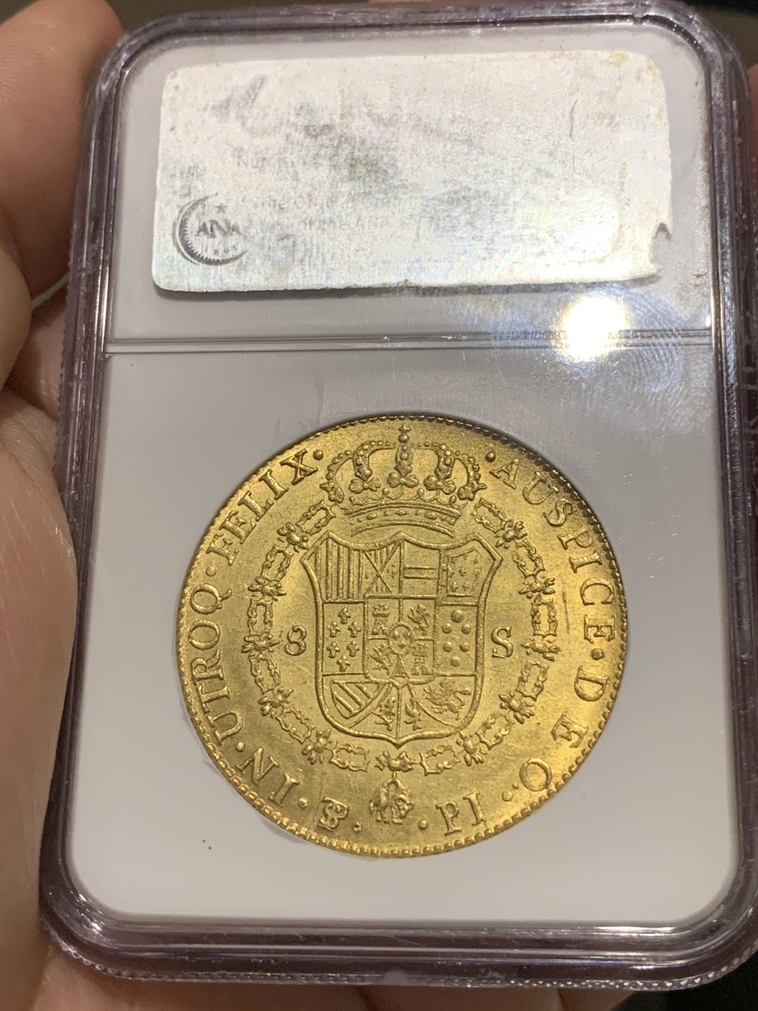 《竞宝斋》中天佳节（端午节特拍）6月12日-周日-第64场 NGC-AU55 玻利维亚 1808年卡洛斯四世 8埃斯库多 27克大金币 关门年份 玻利维亚少见 老盒子 背面状态惊人