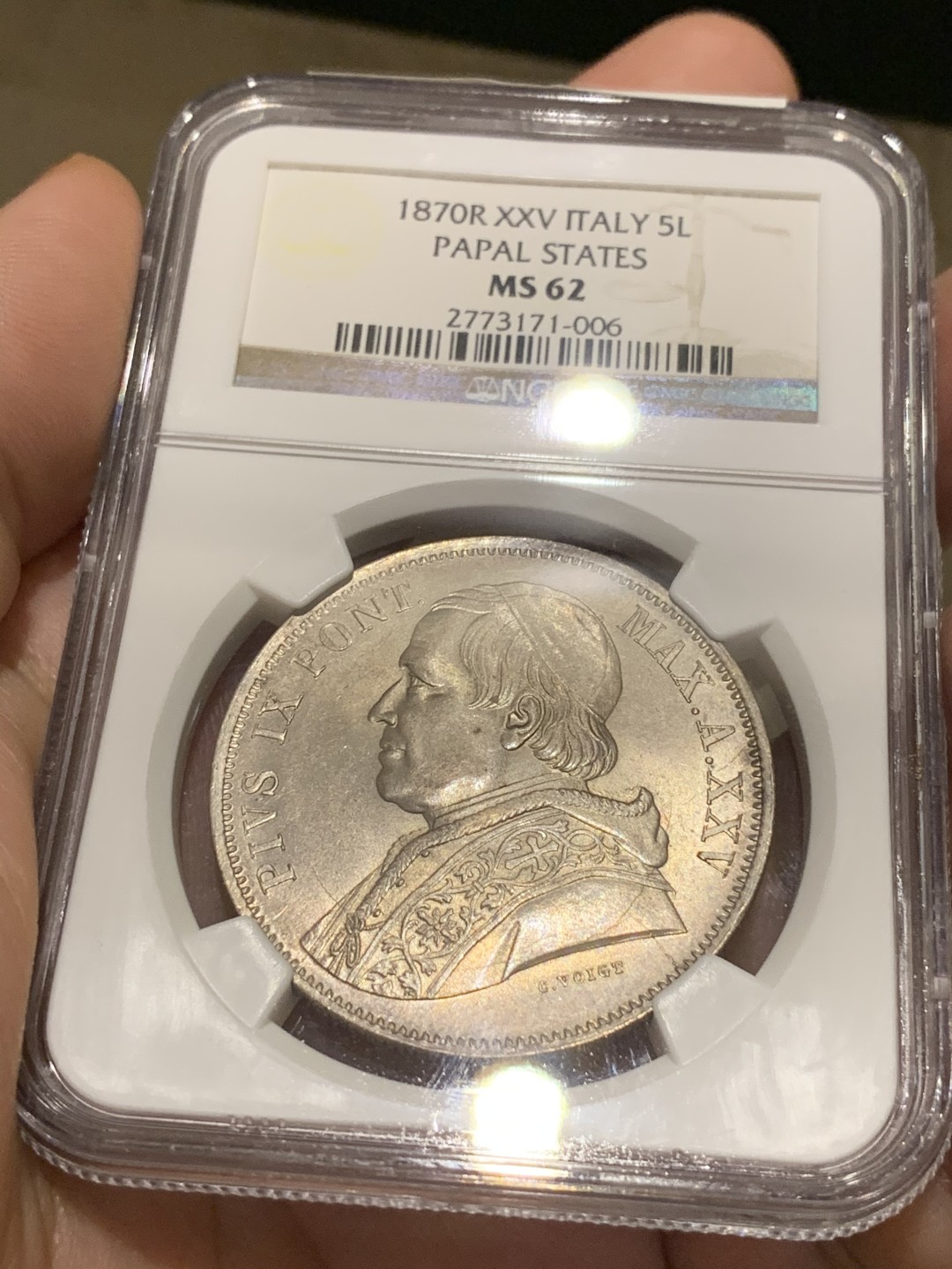 《竞宝斋》中天佳节（端午节特拍）6月12日-周日-第64场 NGC-MS62 梵蒂冈 1870年 教皇 5里拉 大银币 丝滑的底板 老盒子严评