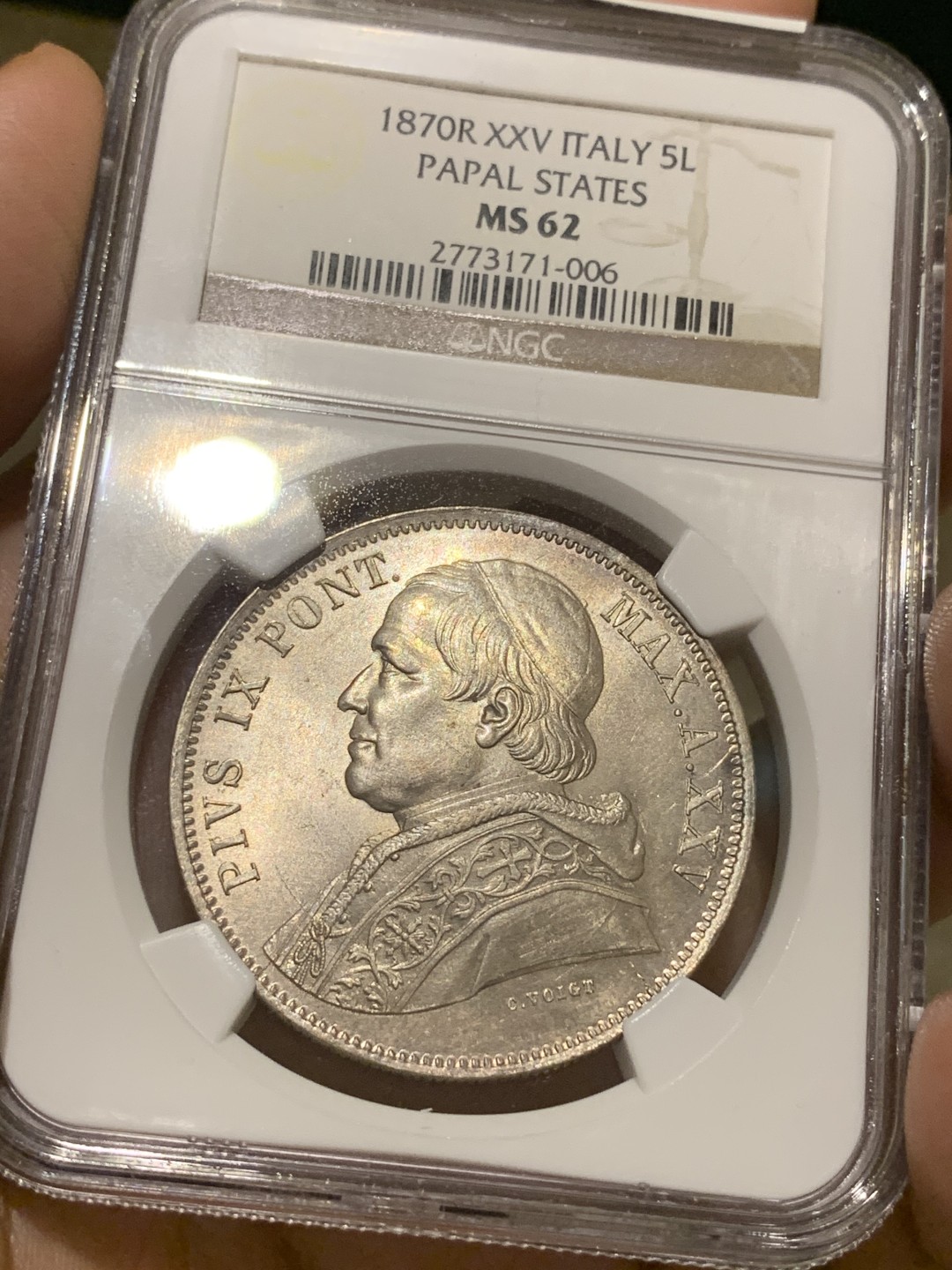 《竞宝斋》中天佳节（端午节特拍）6月12日-周日-第64场 NGC-MS62 梵蒂冈 1870年 教皇 5里拉 大银币 丝滑的底板 老盒子严评