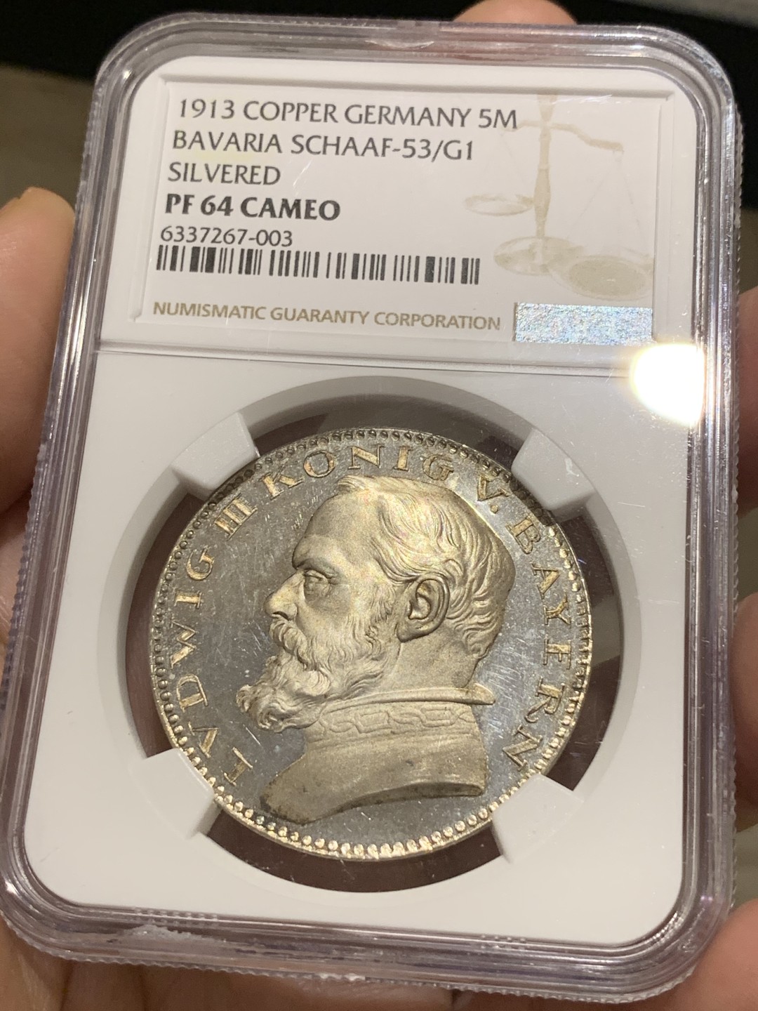 《竞宝斋》中天佳节（端午节特拍）6月12日-周日-第64场 冠军分 NGC-PF64 德国巴伐利亚 1913年 路德维希 5马克 镀银 样币 顶级藏品