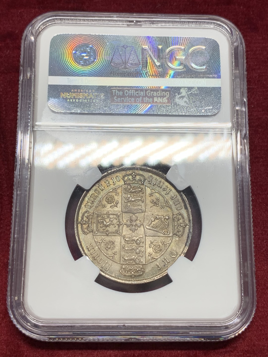 《竞宝斋》中天佳节（端午节特拍）6月12日-周日-第64场 NGC AU58 英国 1871年 维多利亚 哥特体弗洛林银币 包浆彩以及光度都很不错