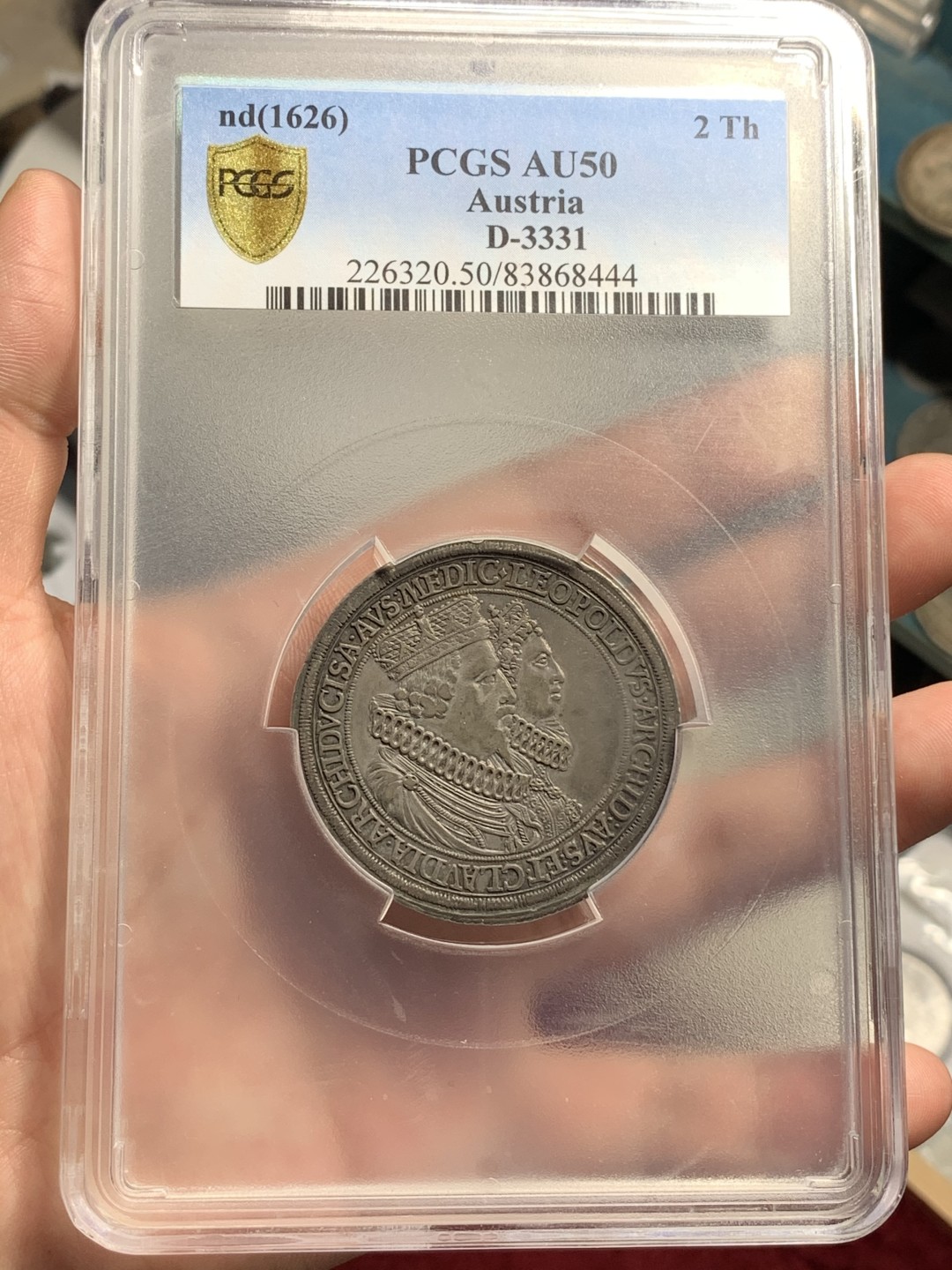 《竞宝斋》中天佳节（端午节特拍）6月12日-周日-第64场 PCGS AU50 神圣罗马帝国 1626年 利奥波德五世和美第奇大公大婚 2泰勒银币（重57） 纯黑深五彩包浆 没有铸裂，双面全深打 难得品相