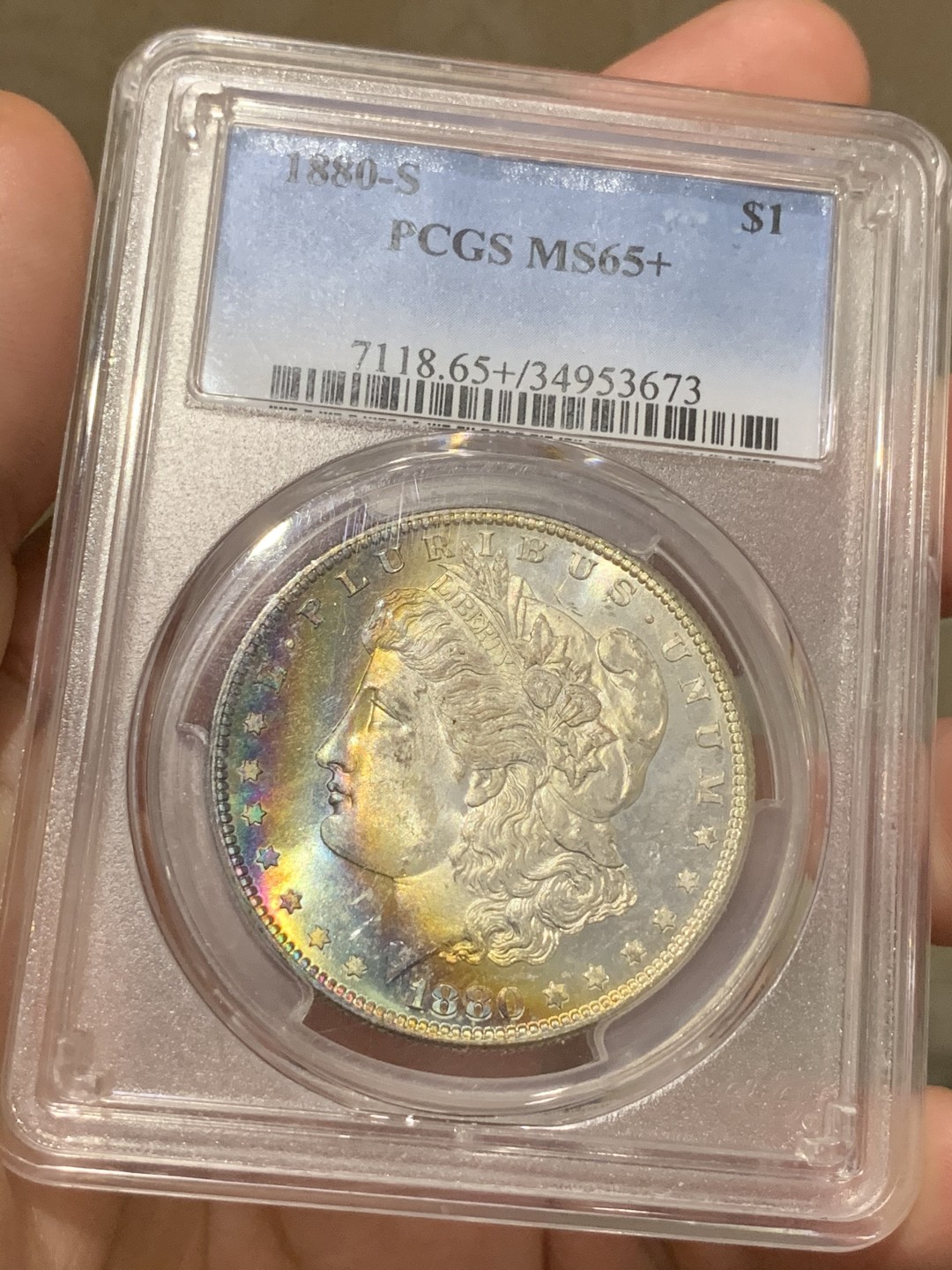 《竞宝斋》中天佳节（端午节特拍）6月12日-周日-第64场 PCGS MS65+ 美国摩根1880年 高分月牙彩 色谱完整难得一见 集光色于一身