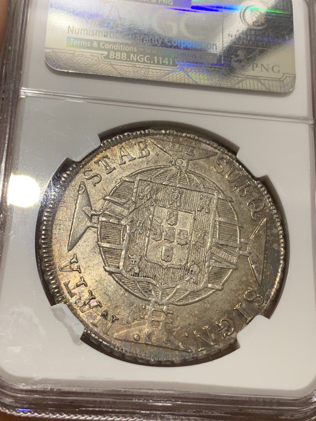 《竞宝斋》中天佳节（端午节特拍）6月12日-周日-第64场 NGC-MS62 巴西 1821年 花枝版 960R 五彩包浆 大银币 此款稀少很多 也是疯涨的品种