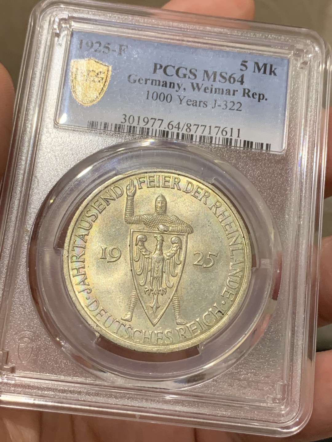 《竞宝斋》中天佳节（端午节特拍）6月12日-周日-第64场 PCGS MS64 德国 1925年魏玛共和国 莱茵千年  5马克 银币 厂标F 斯图加特造币厂  黄油包浆 车轮原霜光大银 实物状态极佳