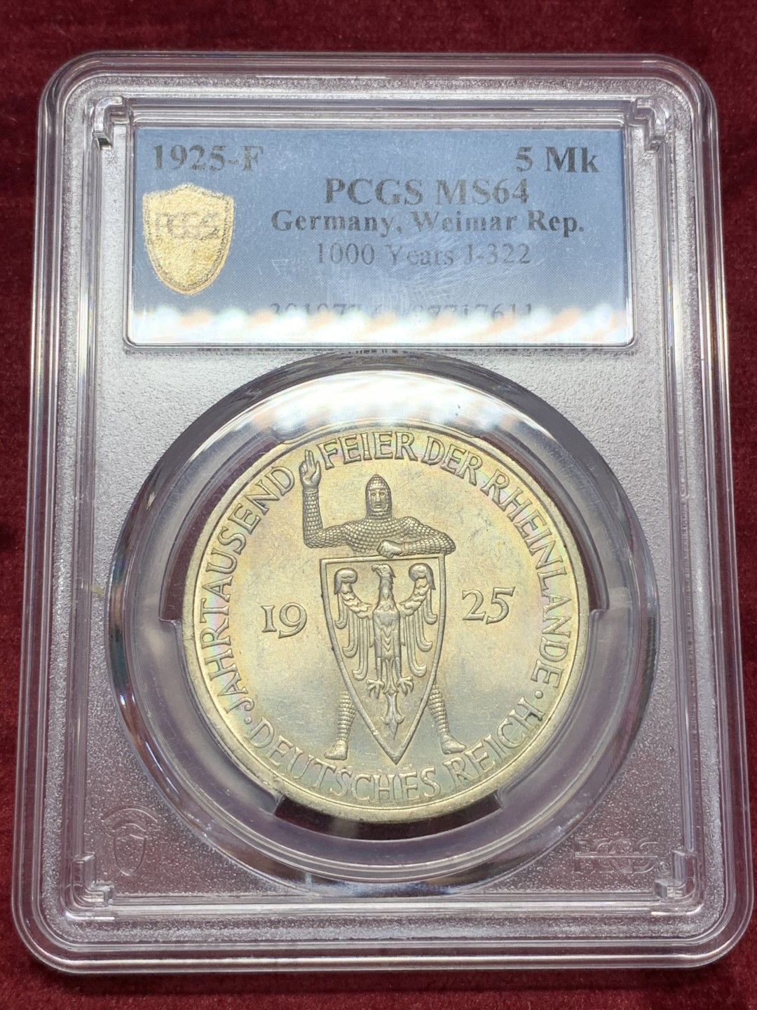 《竞宝斋》中天佳节（端午节特拍）6月12日-周日-第64场 PCGS MS64 德国 1925年魏玛共和国 莱茵千年  5马克 银币 厂标F 斯图加特造币厂  黄油包浆 车轮原霜光大银 实物状态极佳