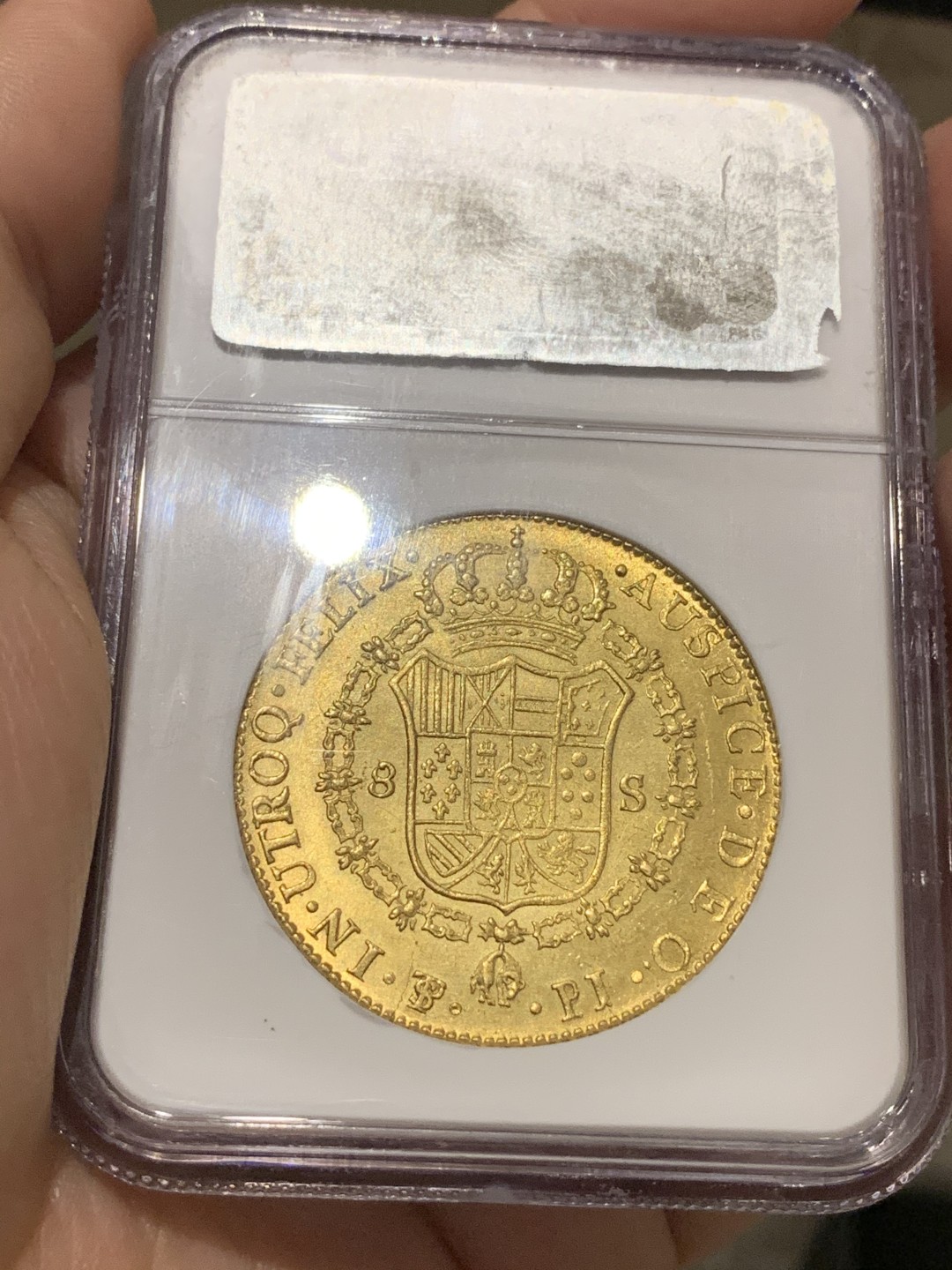 《竞宝斋》中天佳节（端午节特拍）6月12日-周日-第64场 NGC-AU55 玻利维亚 1808年卡洛斯四世 8埃斯库多 27克大金币 关门年份 玻利维亚少见 老盒子 背面状态惊人