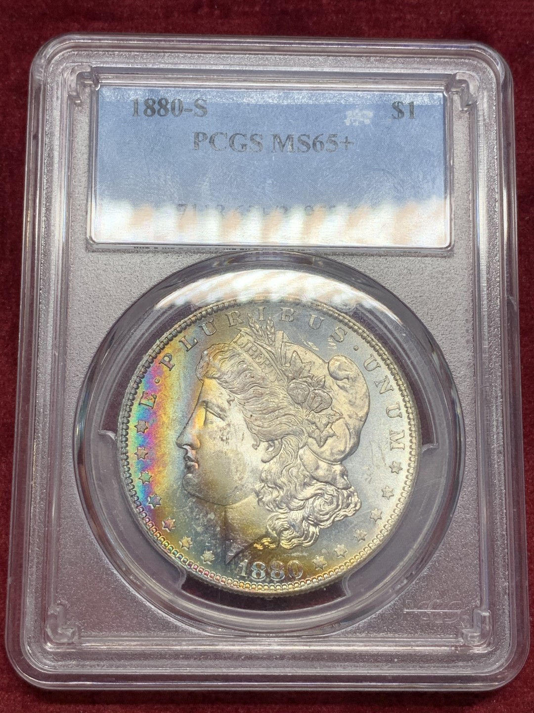 《竞宝斋》中天佳节（端午节特拍）6月12日-周日-第64场 PCGS MS65+ 美国摩根1880年 高分月牙彩 色谱完整难得一见 集光色于一身