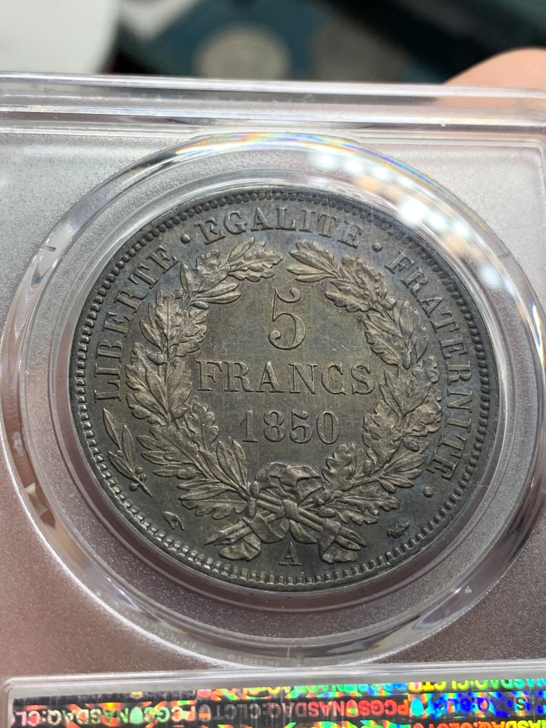 《竞宝斋》中天佳节（端午节特拍）6月12日-周日-第64场 PCGS-MS62 法国 1850-A年 谷物女神 5法郎 大银币 经典的黑彩 这样的包浆现在都很难给分了 