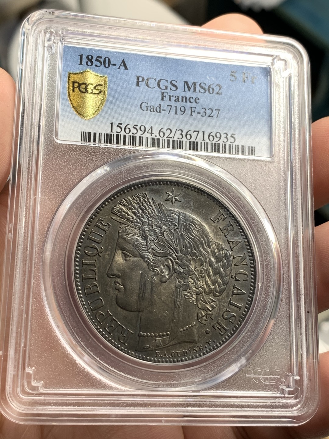 《竞宝斋》中天佳节（端午节特拍）6月12日-周日-第64场 PCGS-MS62 法国 1850-A年 谷物女神 5法郎 大银币 经典的黑彩 这样的包浆现在都很难给分了 