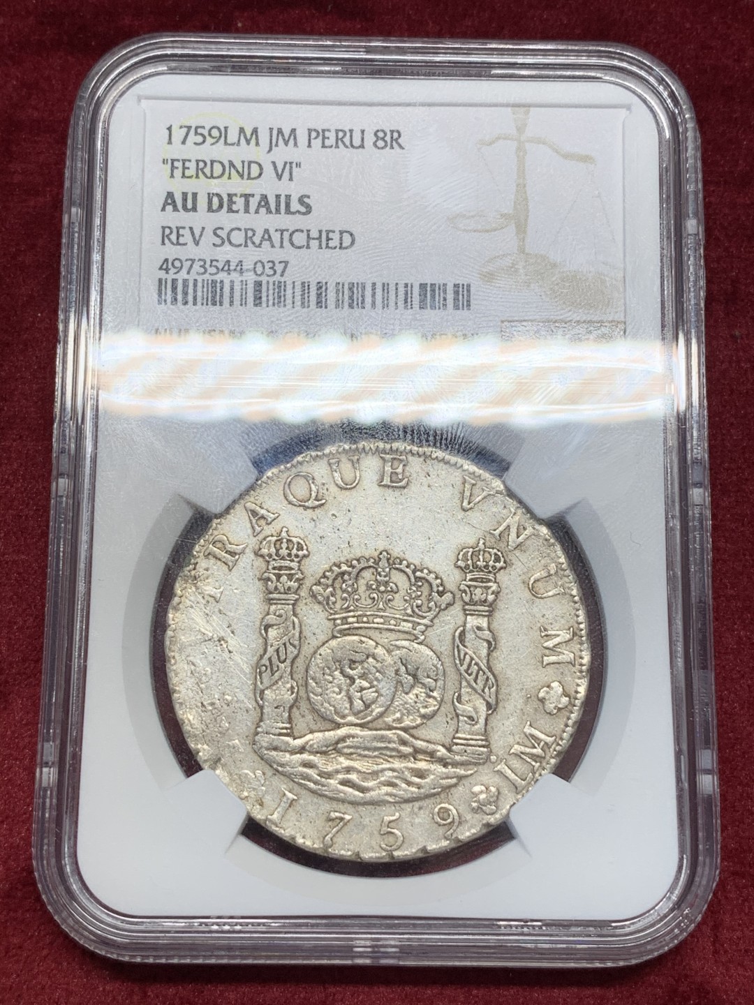 《竞宝斋》中天佳节（端午节特拍）6月12日-周日-第64场 NGC-AUD   秘鲁地球双柱 1759  双点版  8里亚尔    中早期地球  秘鲁地球相对少见  SBP拍卖都是七八百刀