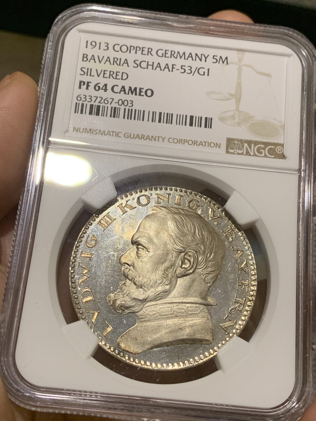 《竞宝斋》中天佳节（端午节特拍）6月12日-周日-第64场 冠军分 NGC-PF64 德国巴伐利亚 1913年 路德维希 5马克 镀银 样币 顶级藏品