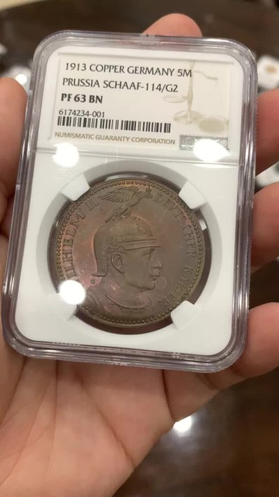《竞宝斋》中天佳节（端午节特拍）6月12日-周日-第64场 NGC-PF63BN 德国普鲁士 1913年 威廉二世 5马克精制样币 卡尔哥茨作品 还保持有铜光
