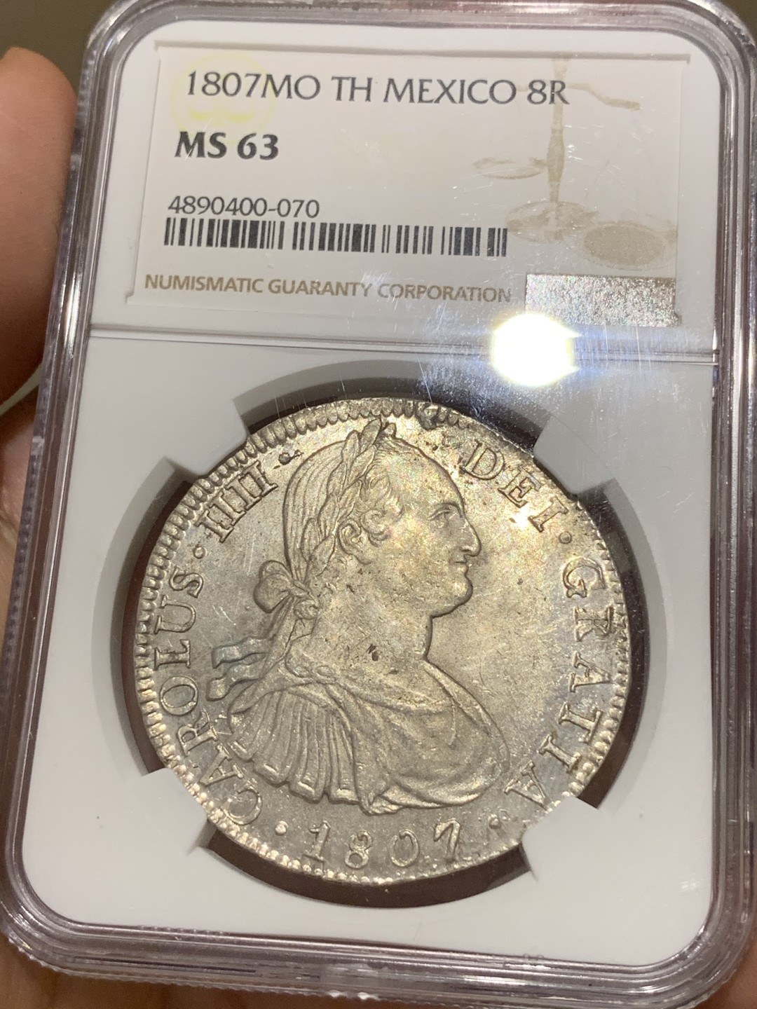 《竞宝斋》中天佳节（端午节特拍）6月12日-周日-第64场 NGC MS63 难得高分 墨西哥1807年卡四  双柱 大银币 深打 镜面底板 状态不一般 之前有枚竞宝斋1.2W成交 潜力品种