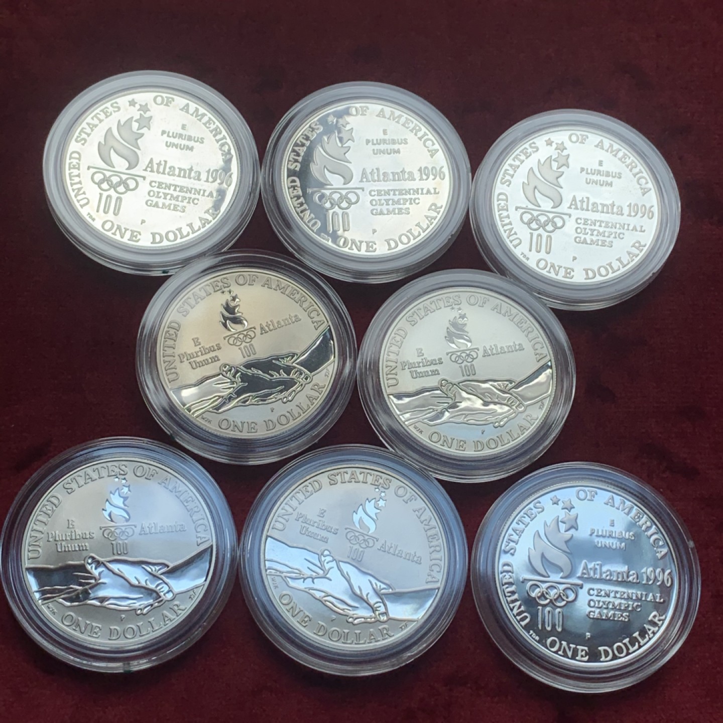 《竞宝斋》中天佳节（端午节特拍）6月12日-周日-第64场 美国 1996年 亚特兰大 奥运会 精制 1美元 银币 8枚套，原盒带证书 保存的非常好 非常少见的一套 单枚重量26.73克 900银