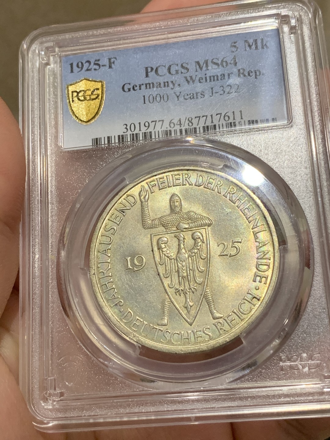 《竞宝斋》中天佳节（端午节特拍）6月12日-周日-第64场 PCGS MS64 德国 1925年魏玛共和国 莱茵千年  5马克 银币 厂标F 斯图加特造币厂  黄油包浆 车轮原霜光大银 实物状态极佳