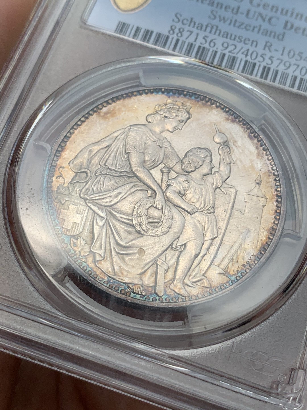 《竞宝斋》中天佳节（端午节特拍）6月12日-周日-第64场 PCGS UNC 瑞士1865年 沙夫豪森狩猎节大银币 彩的无以复加 太好看了，色迷心窍的感觉 见图见视频