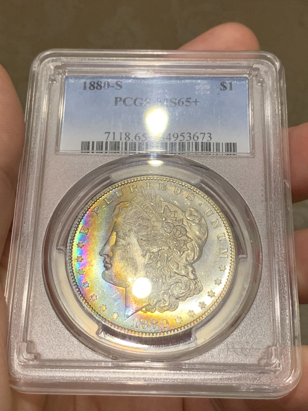 《竞宝斋》中天佳节（端午节特拍）6月12日-周日-第64场 PCGS MS65+ 美国摩根1880年 高分月牙彩 色谱完整难得一见 集光色于一身